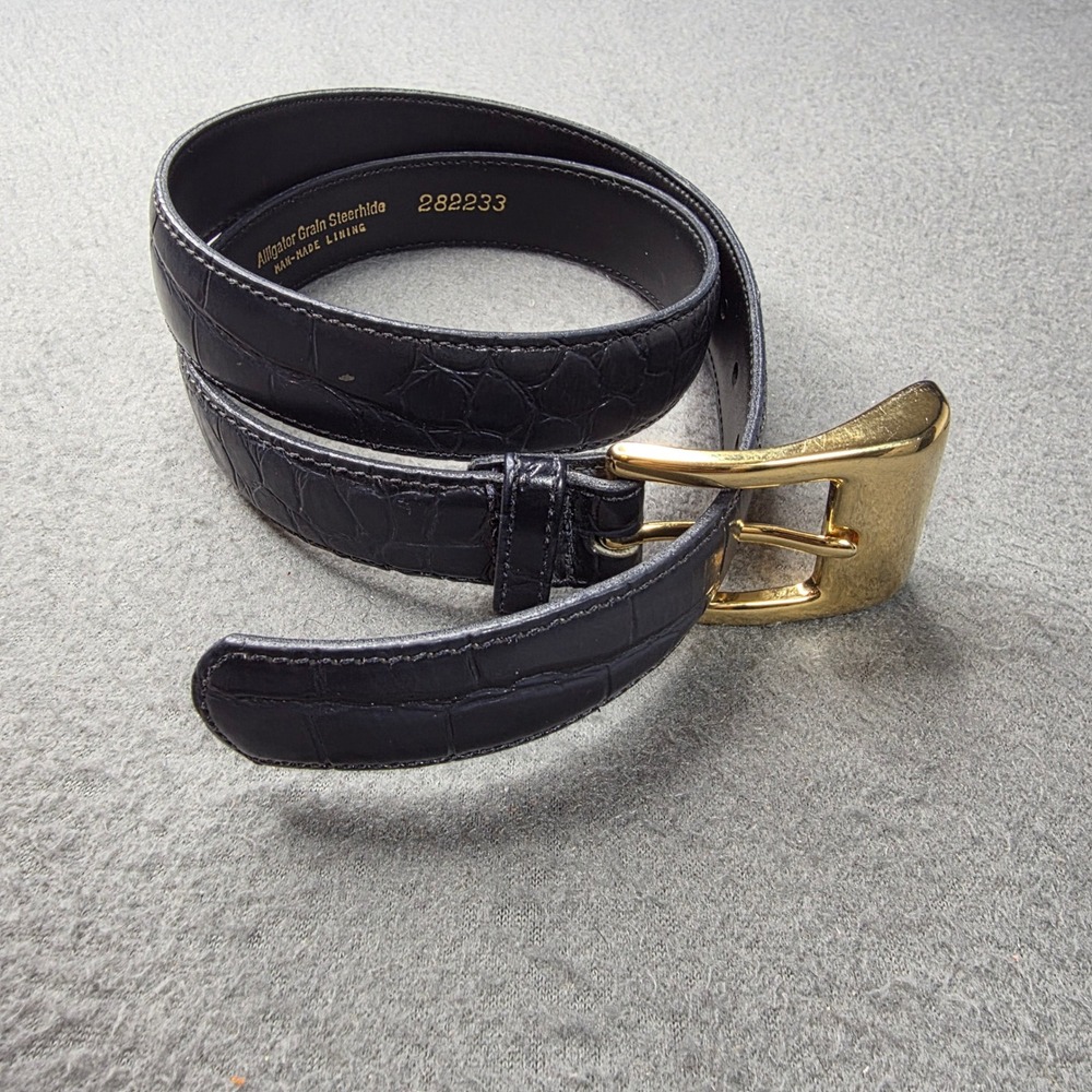 Vintage Black Alligator Grain Steerhide Leather Belt Gold Buckle USA Made 282233
